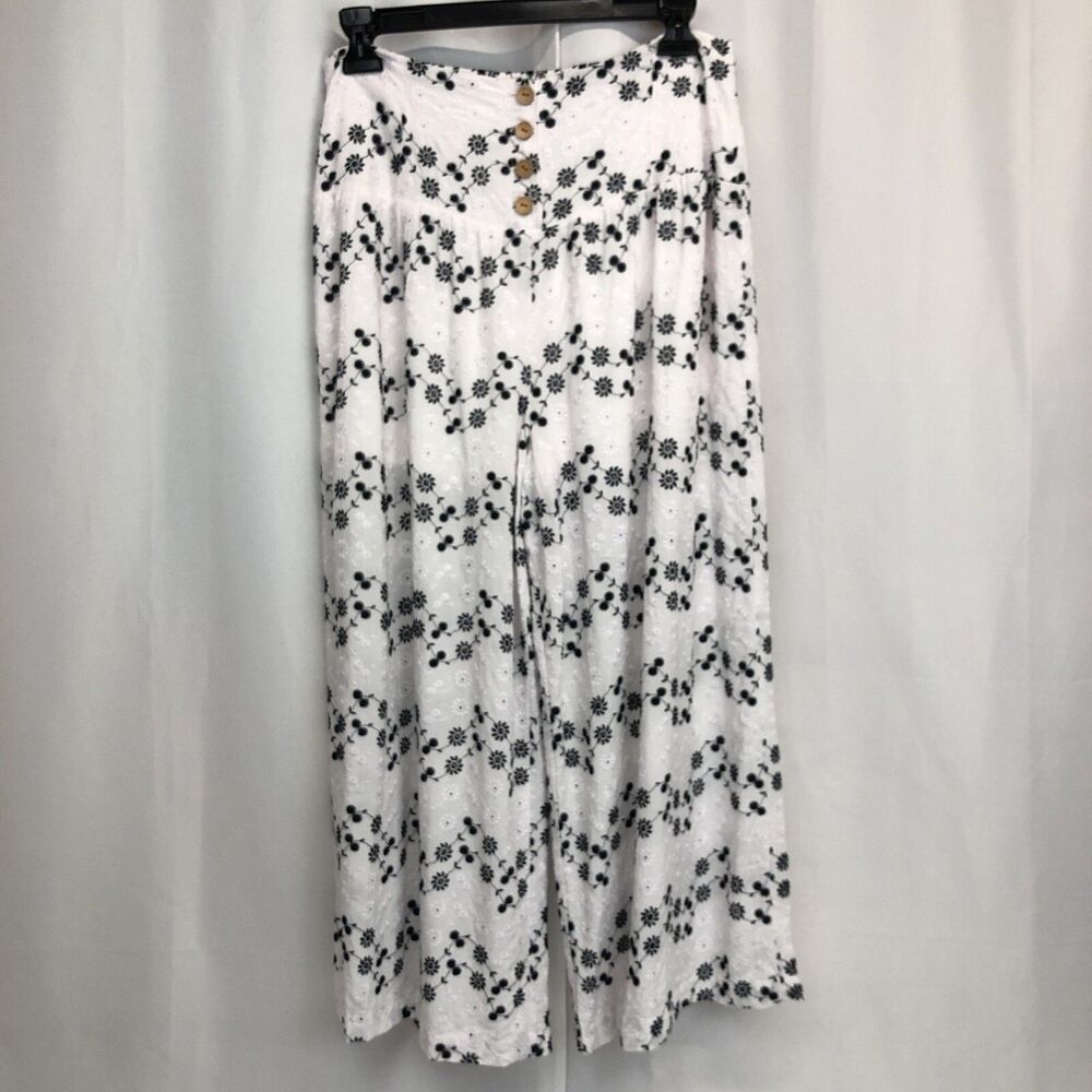Coco Jaimeson Womens Large Smocked Waist Floral Print Pilazzo Pants Black White